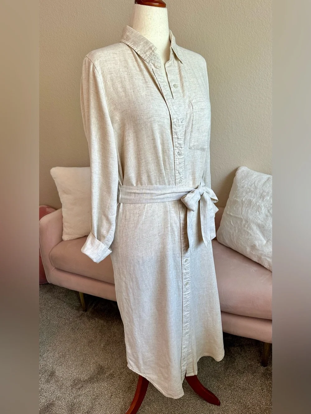 Abercrombie Fitch Shirt Dress Long Linen Viscose LS Belted Natural Cream Sz M T